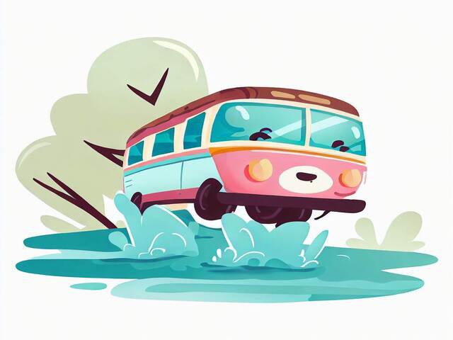 バスが川を走るイメージのかわいいイラスト